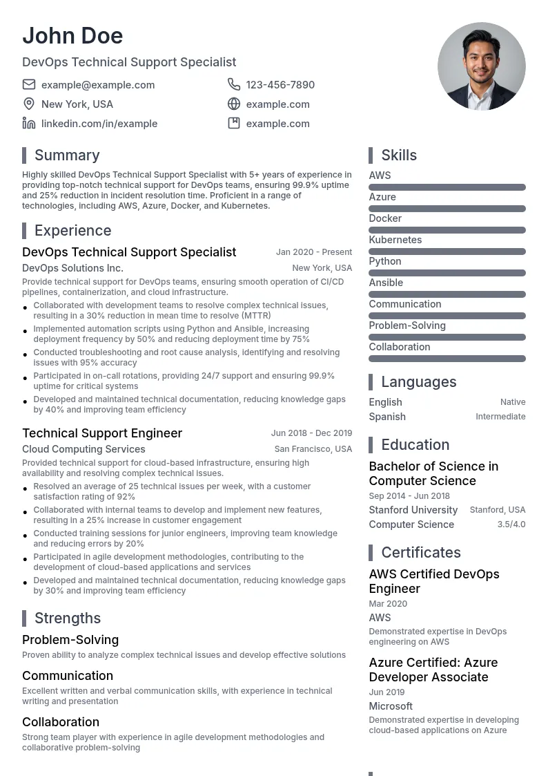 DevOps Technical Support Specialist resume example