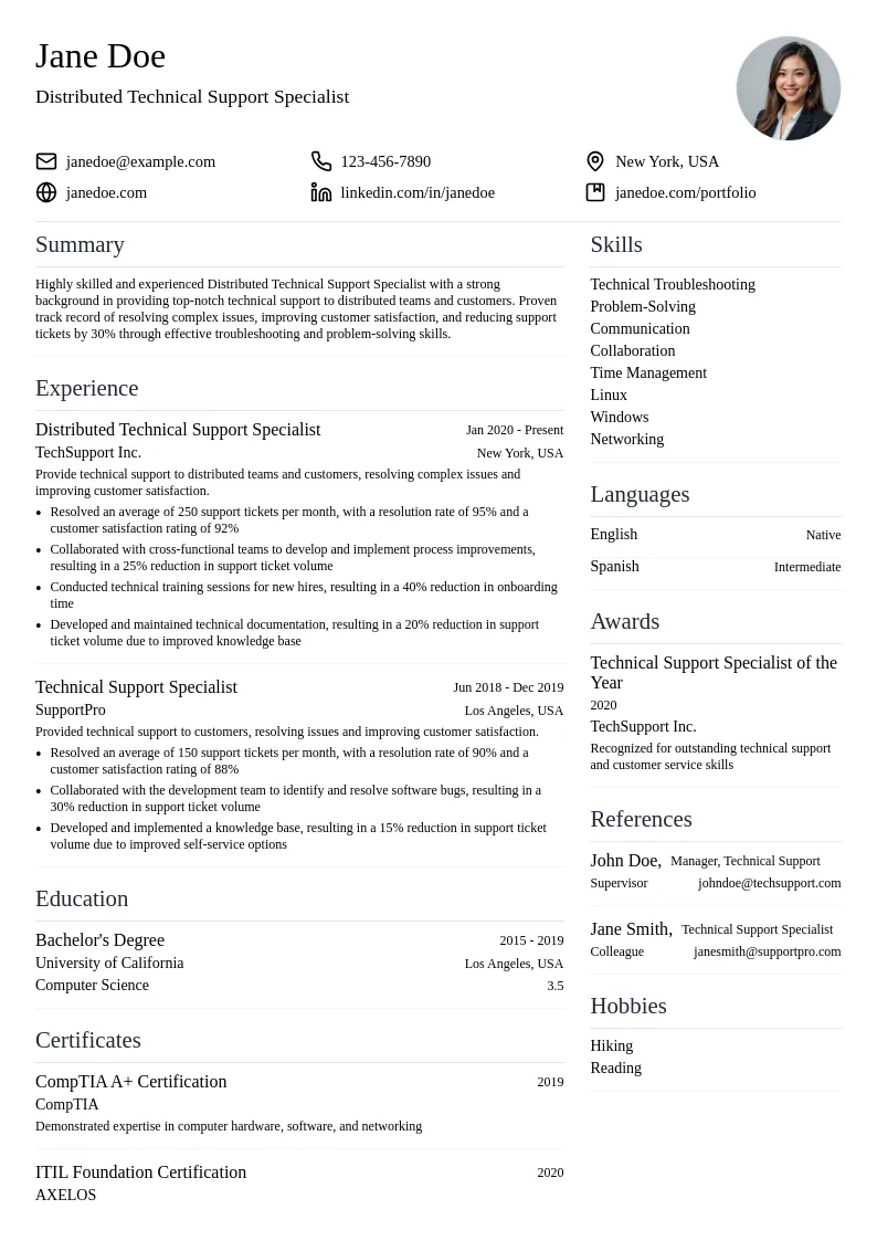 Distributed Technical Support Specialist resume example