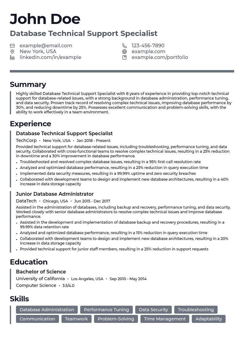 Database Technical Support Specialist resume example
