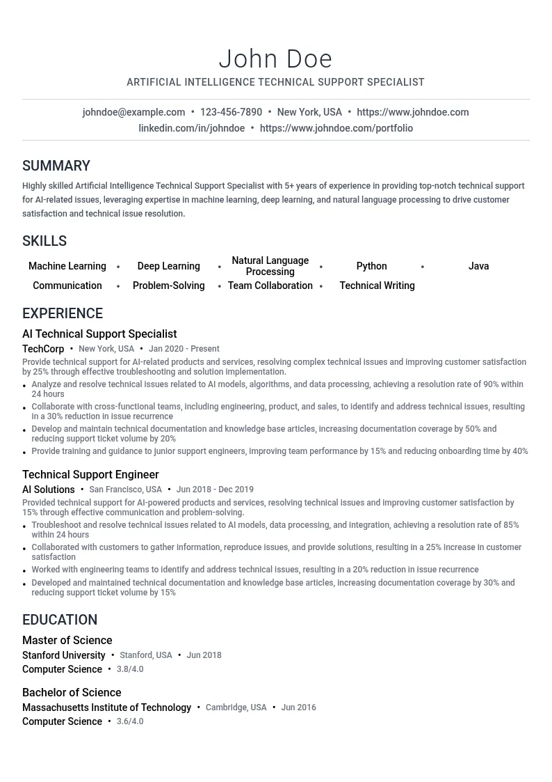 Artificial Intelligence Technical Support Specialist resume example