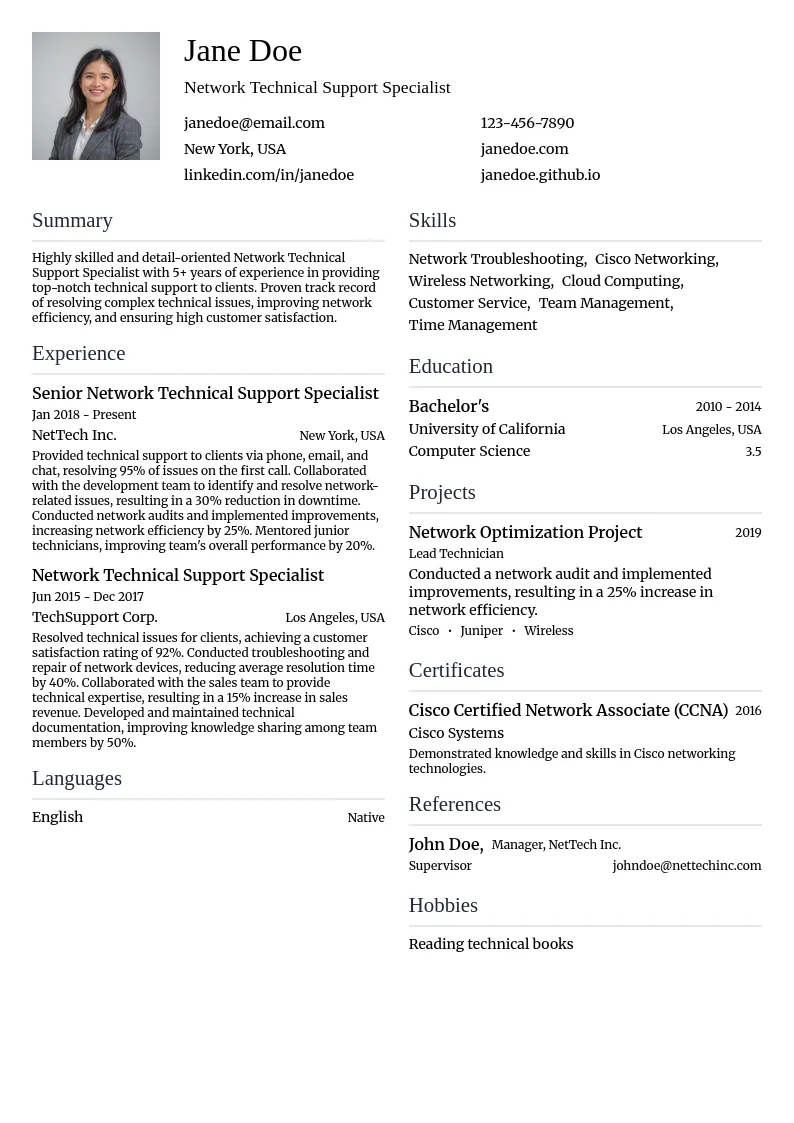 Network Technical Support Specialist resume example