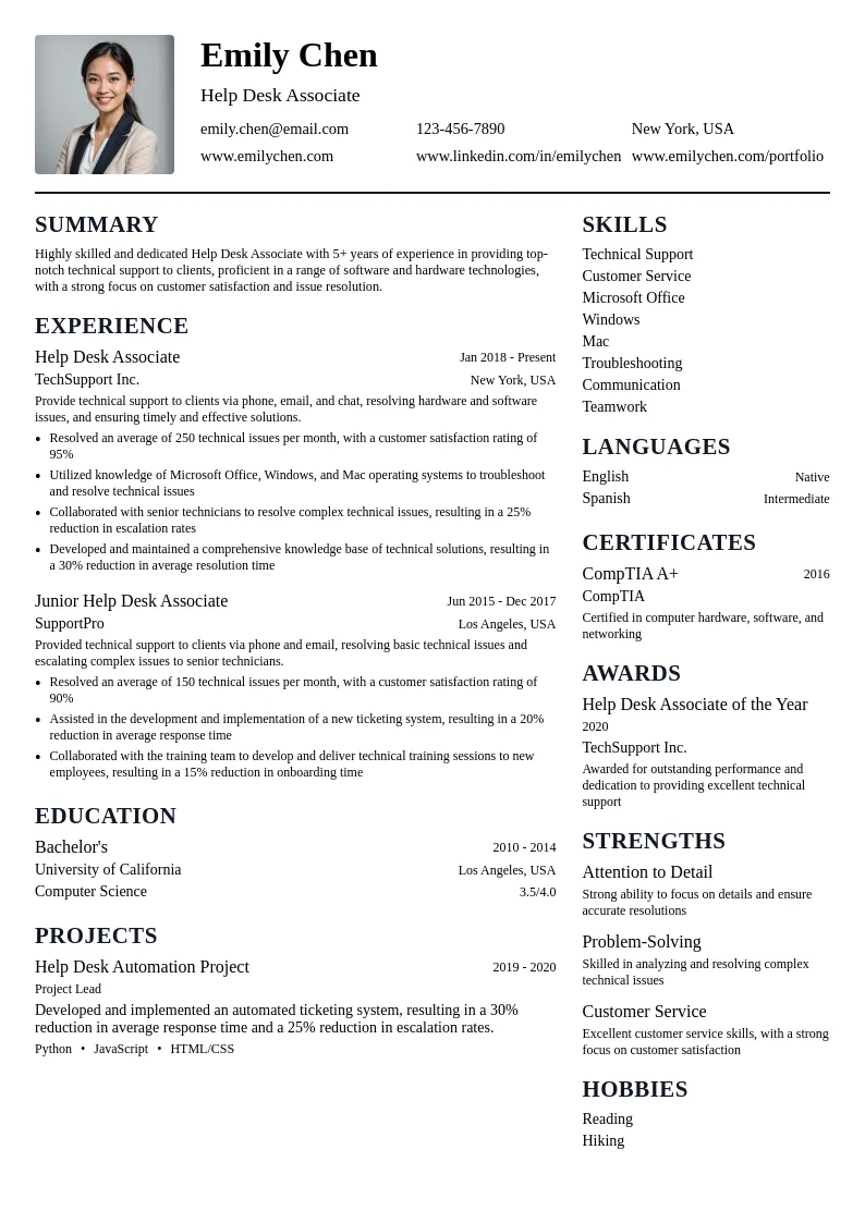 Help Desk Associate resume example