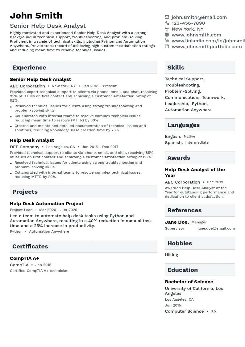 Senior Help Desk Analyst resume example