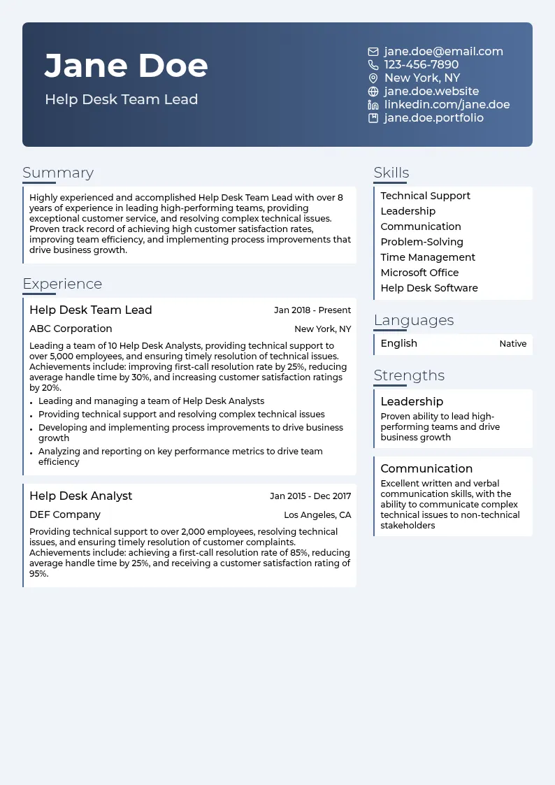 Help Desk Team Lead resume example
