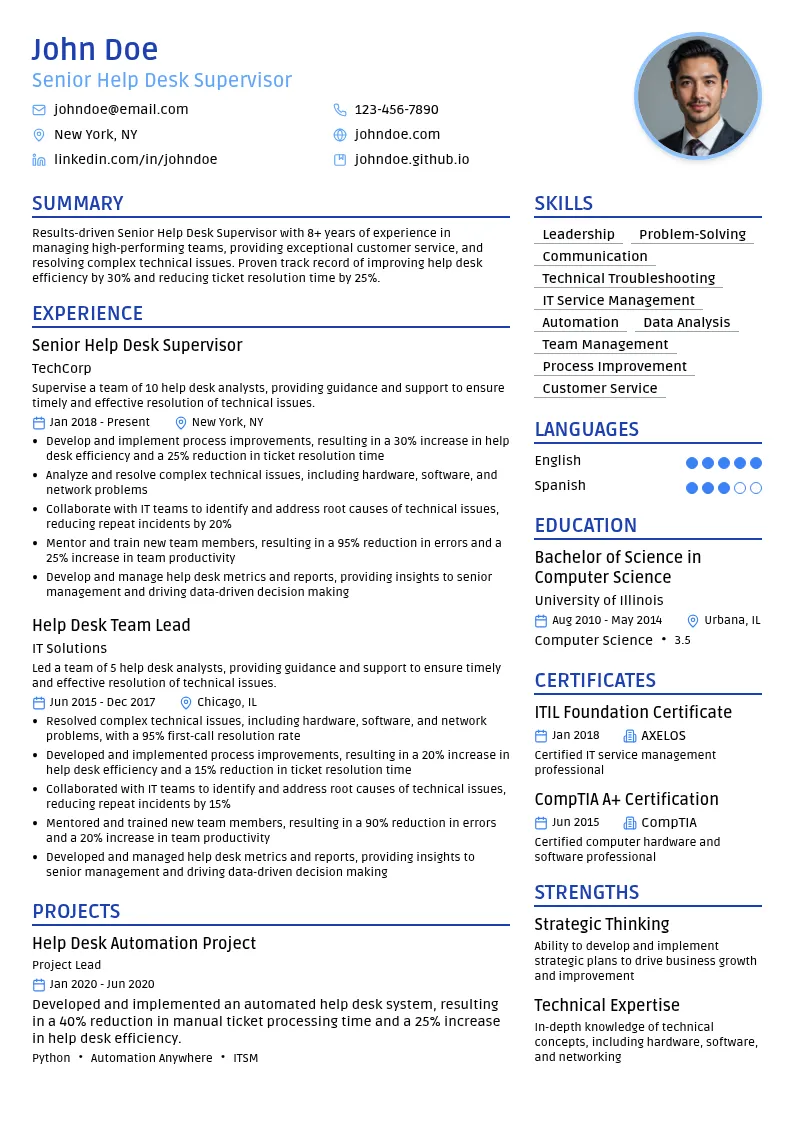 Senior Help Desk Supervisor resume example