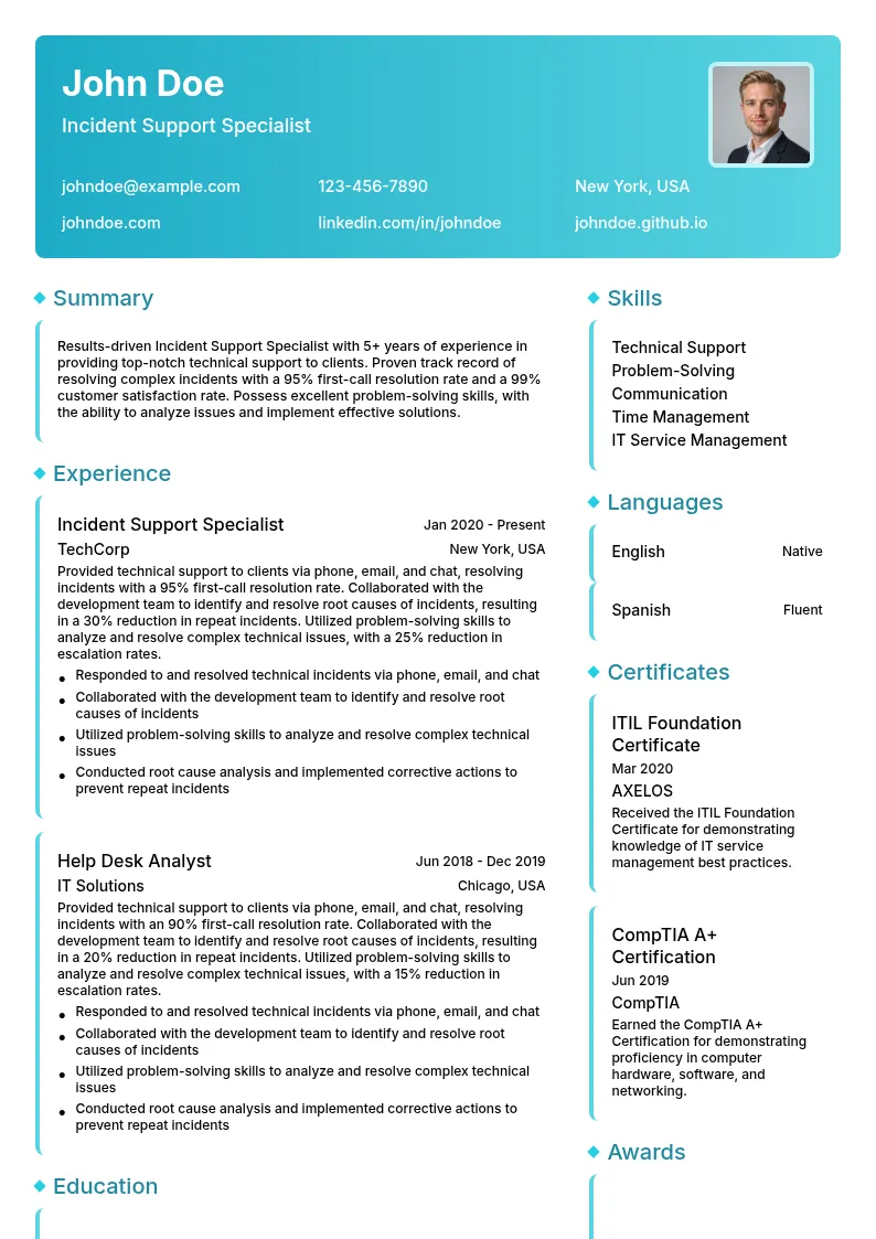 Incident Support Specialist resume example