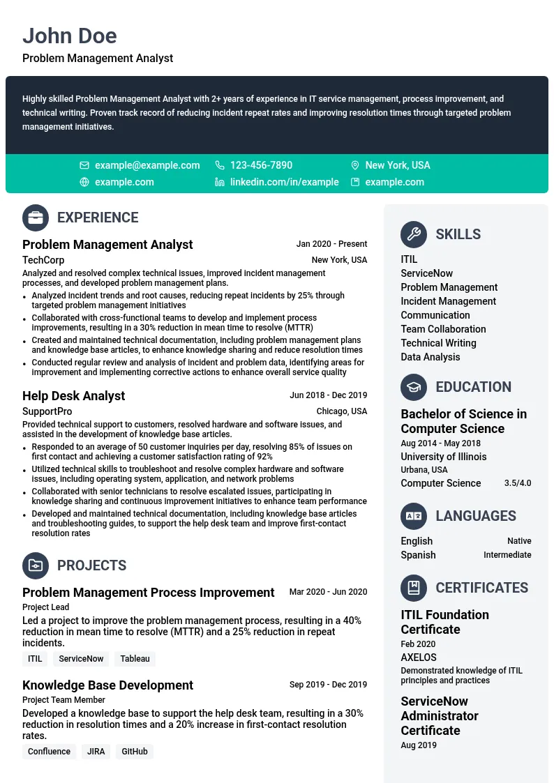 Problem Management Analyst resume example