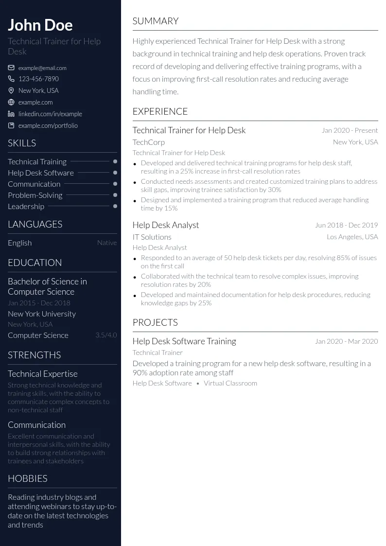 Technical Trainer for Help Desk resume example