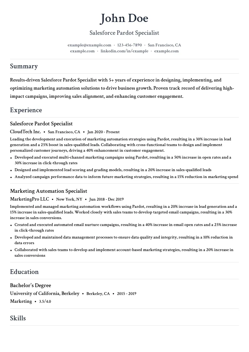 Salesforce Pardot Specialist resume example