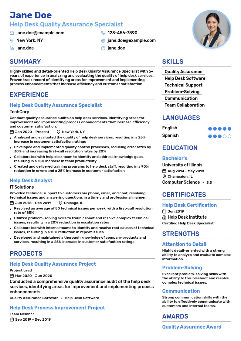 Help Desk Quality Assurance Specialist resume example
