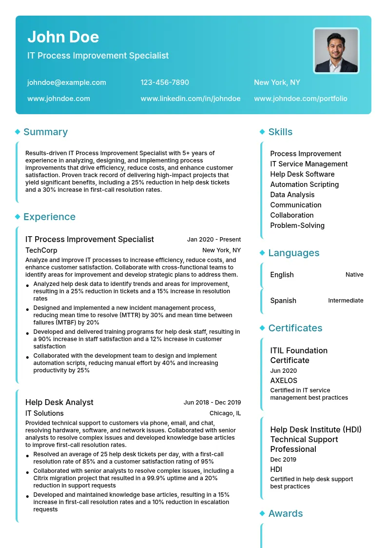 IT Process Improvement Specialist resume example