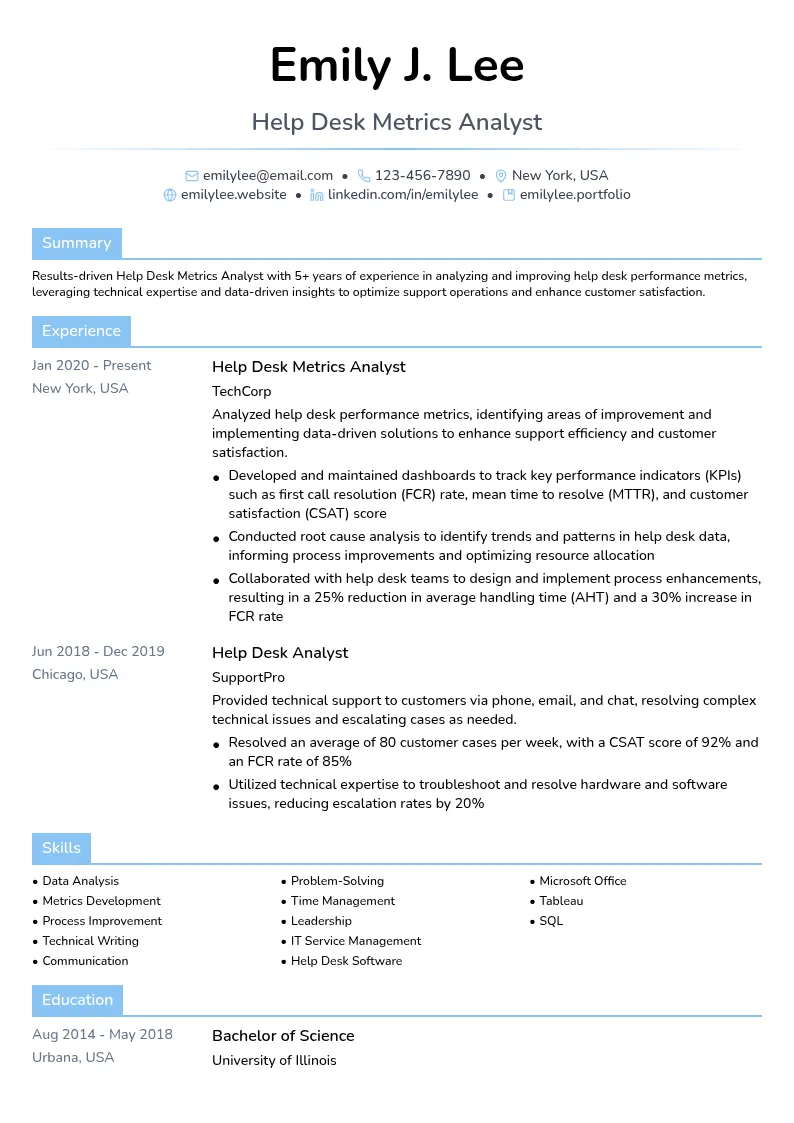 Help Desk Metrics Analyst resume example
