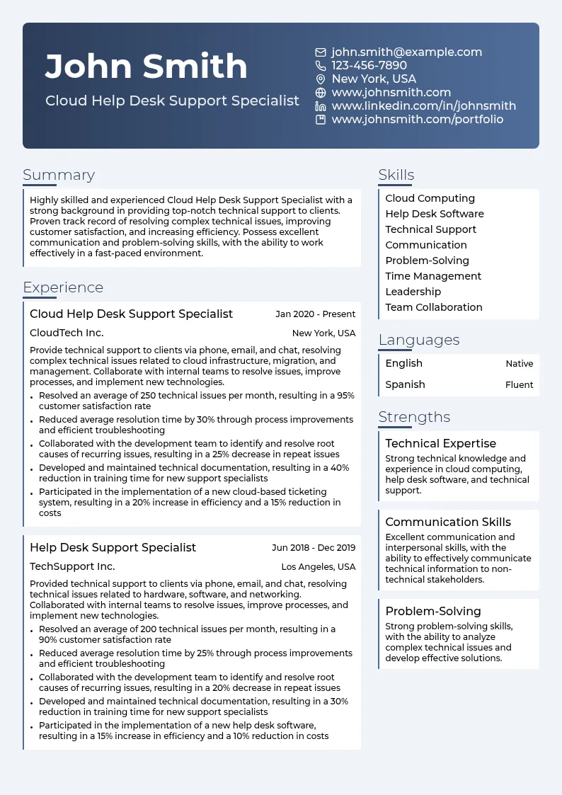 Cloud Help Desk Support Specialist resume example