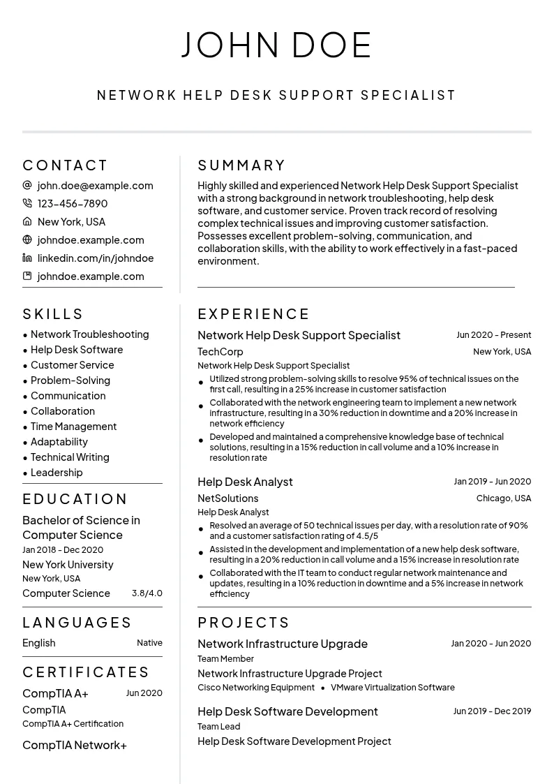 Network Help Desk Support Specialist resume example