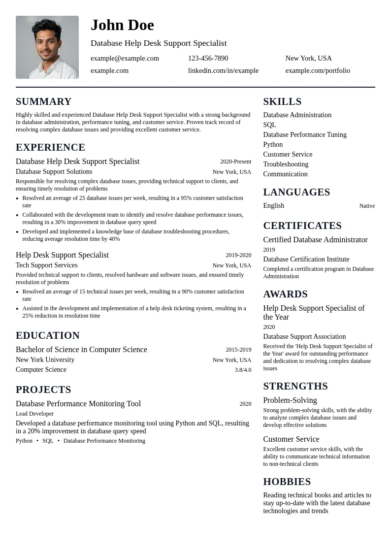 Database Help Desk Support Specialist resume example