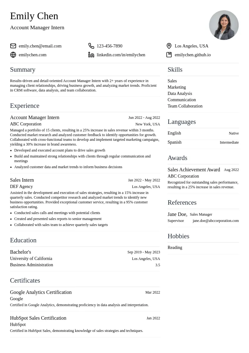 Account Manager Intern resume example