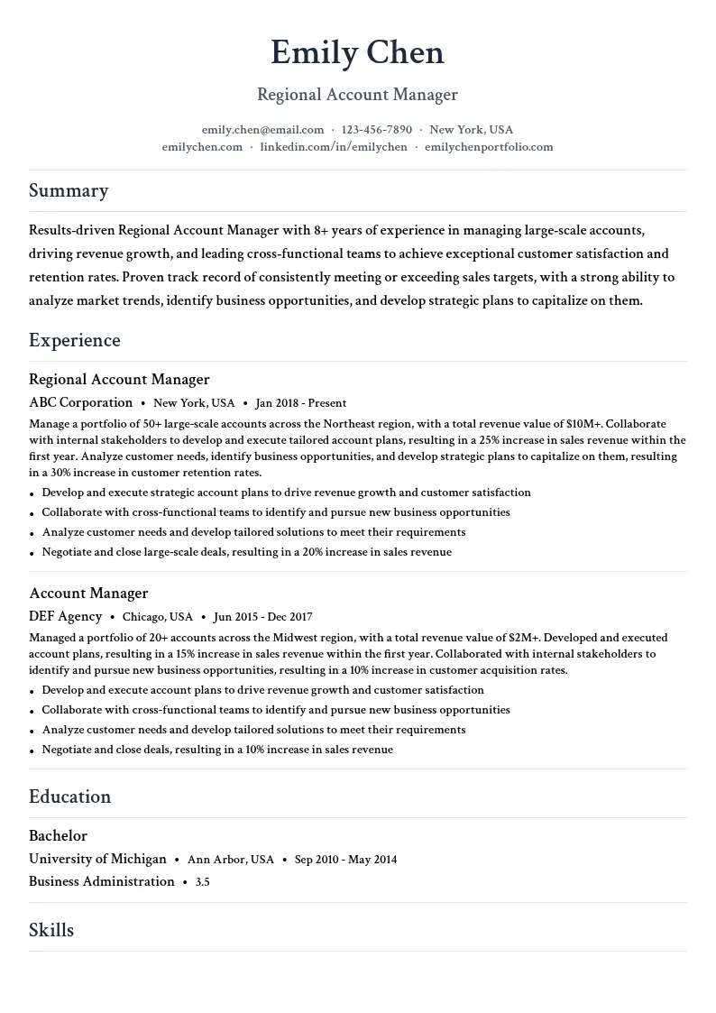 Regional Account Manager resume example