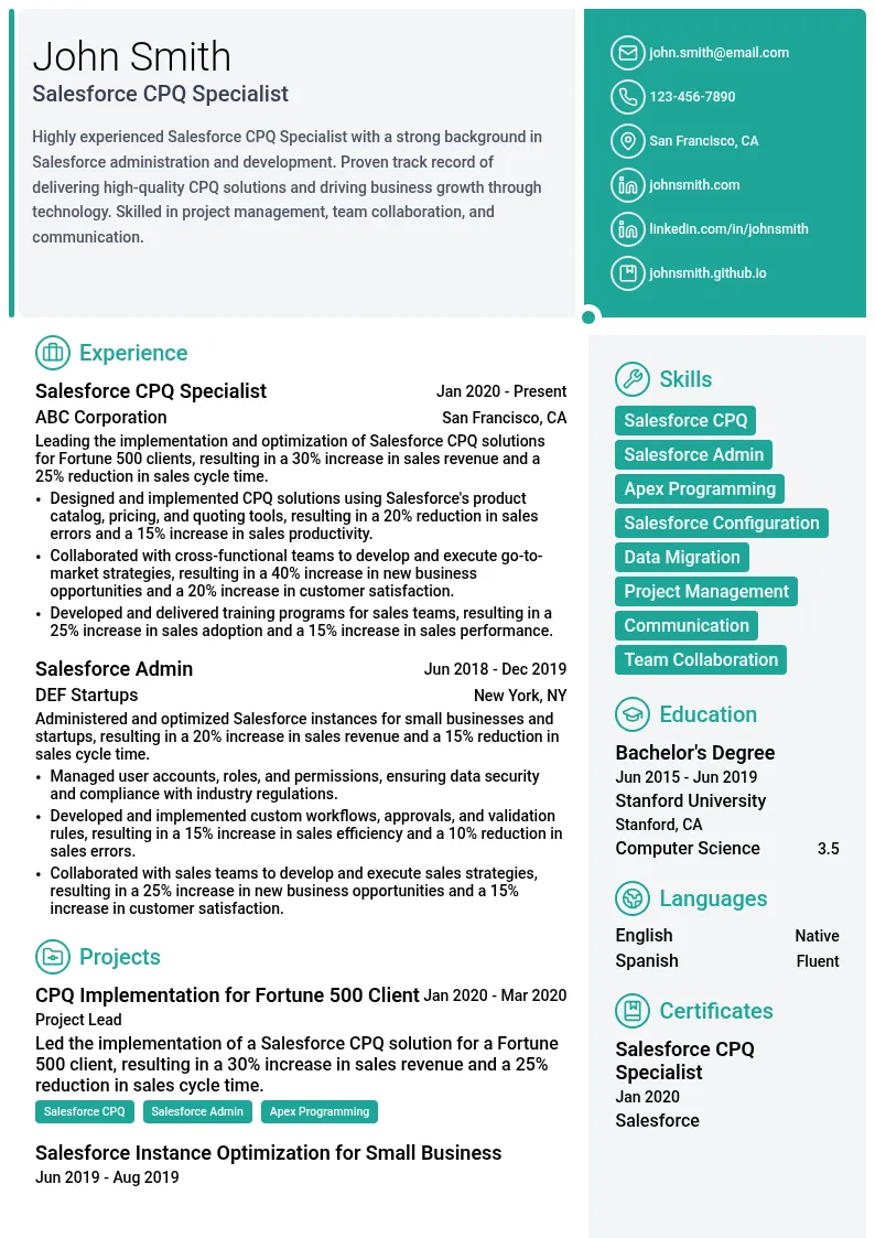 Salesforce CPQ Specialist resume example