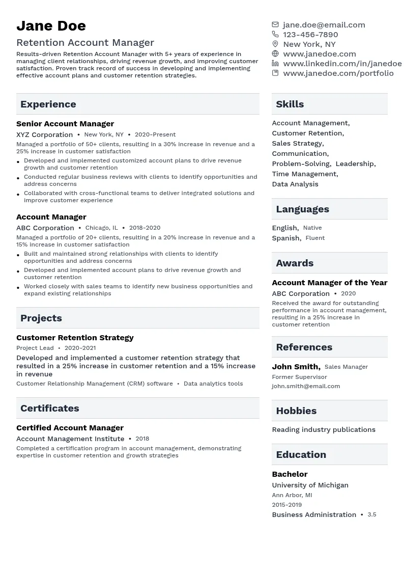 Retention Account Manager resume example