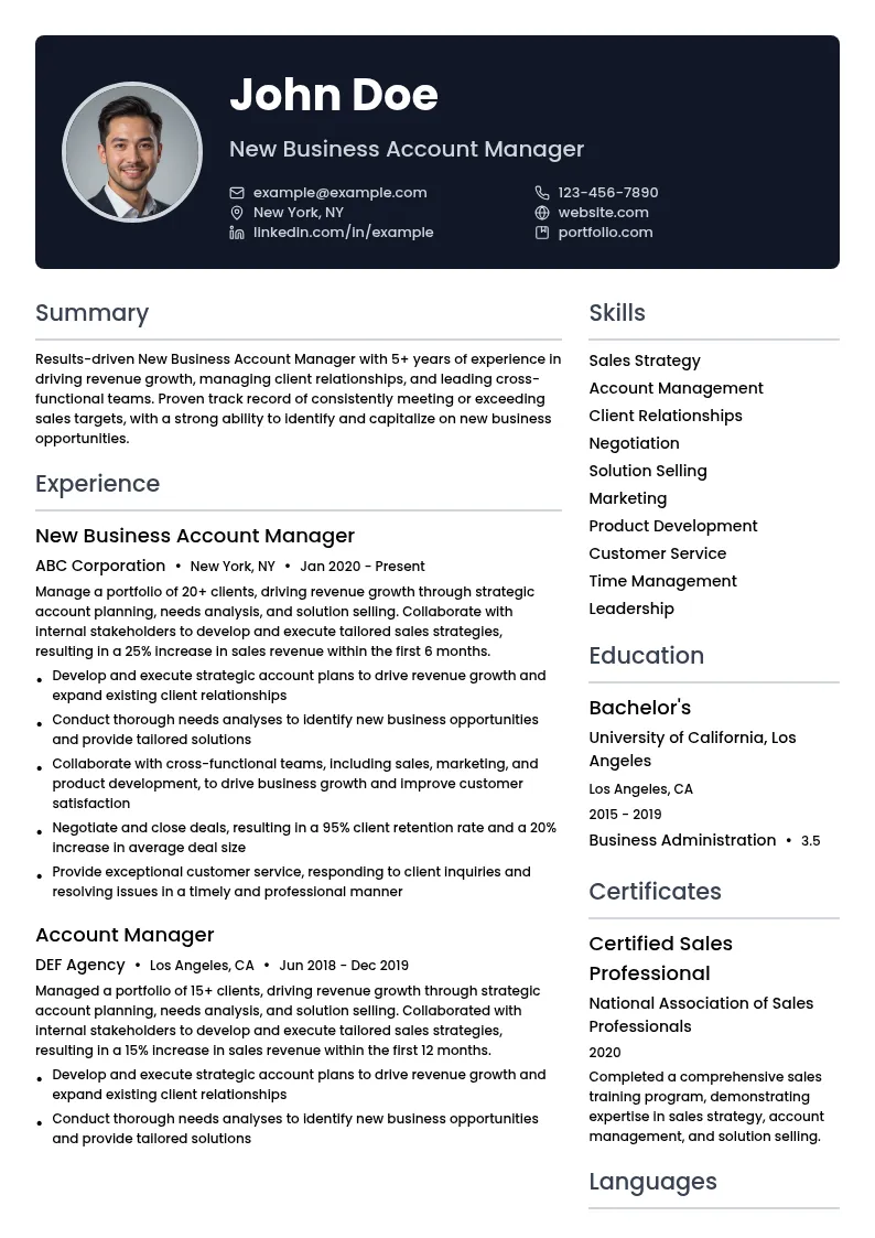 New Business Account Manager resume example