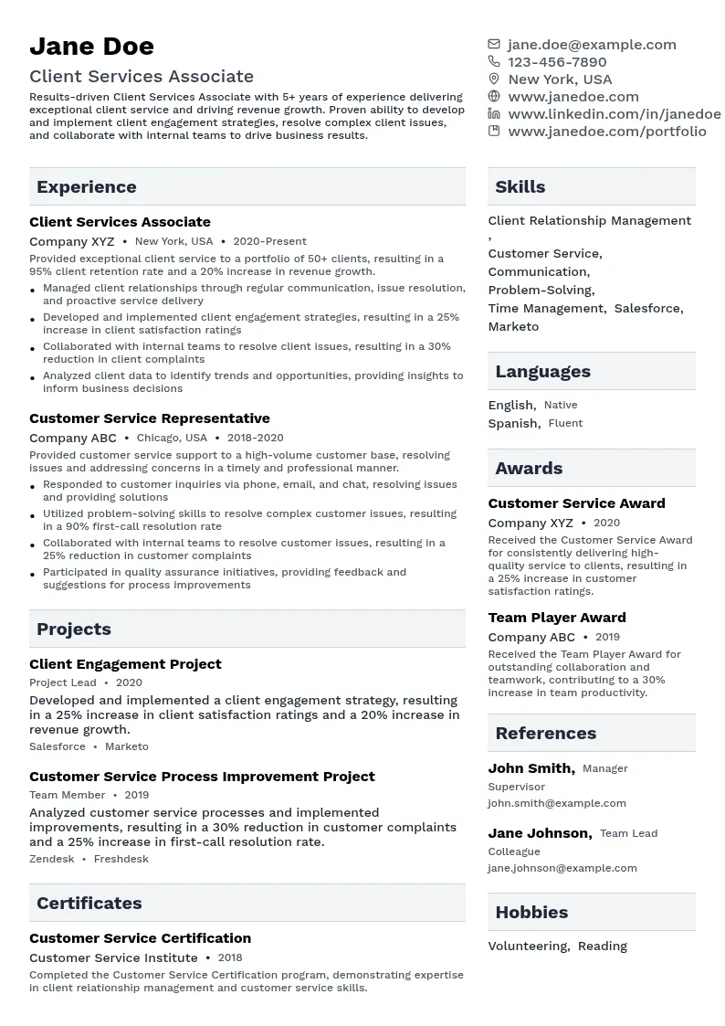 Client Services Associate resume example