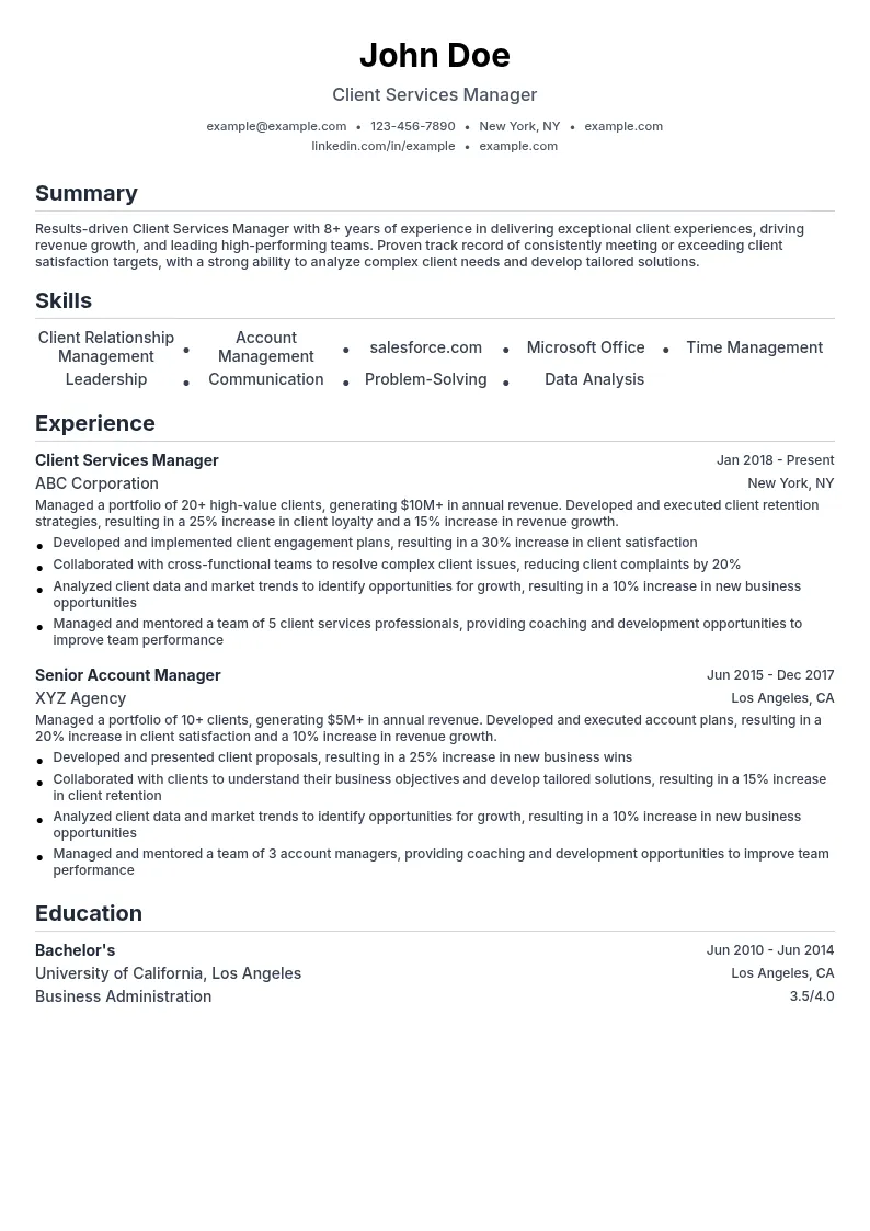 Client Services Manager resume example