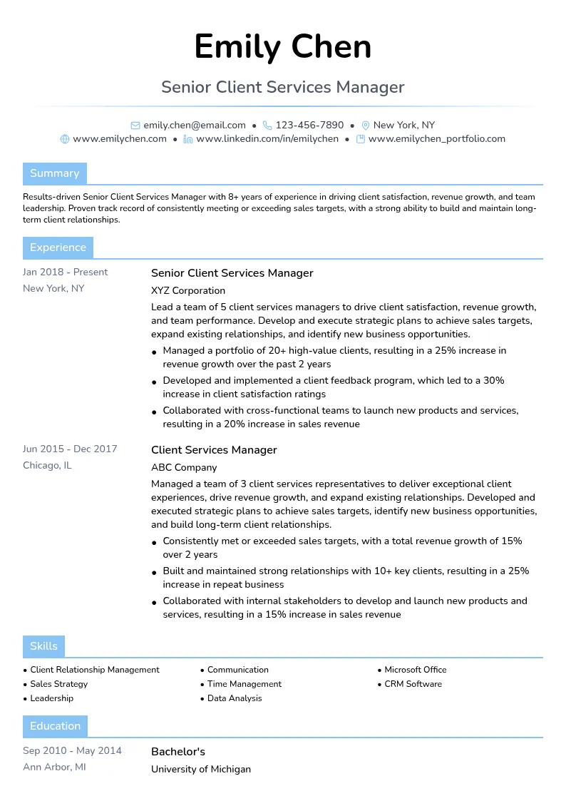 Senior Client Services Manager resume example