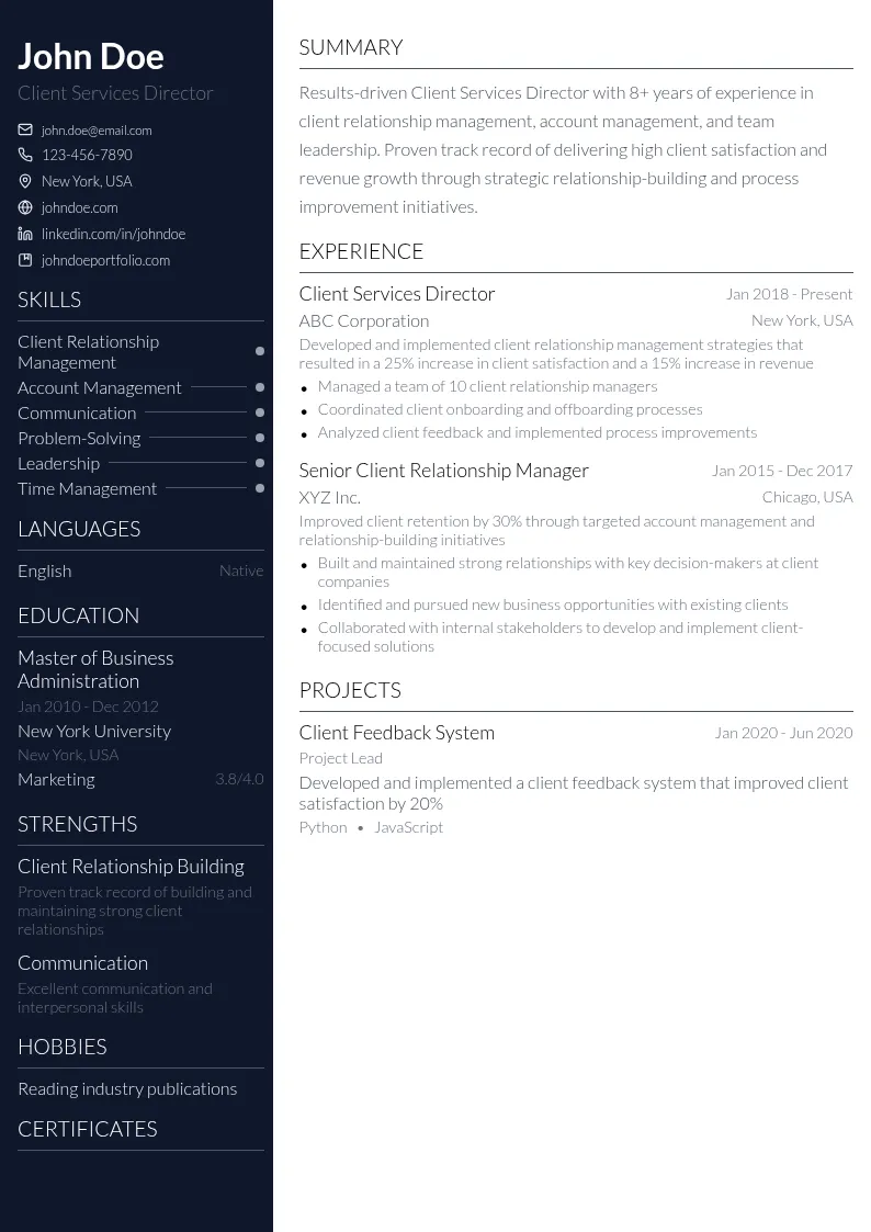 Client Services Director resume example
