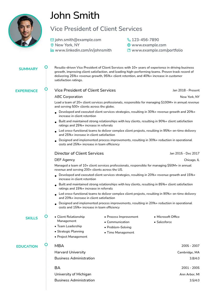 Vice President of Client Services resume example