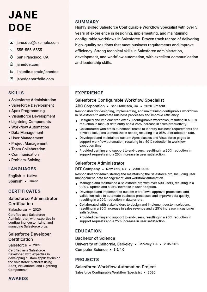 Salesforce Configurable Workflow Specialist resume example