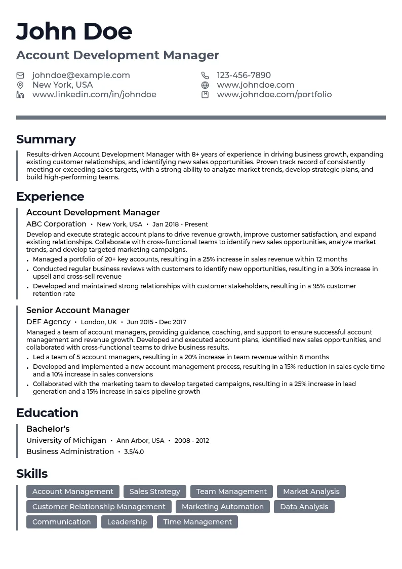 Account Development Manager resume example