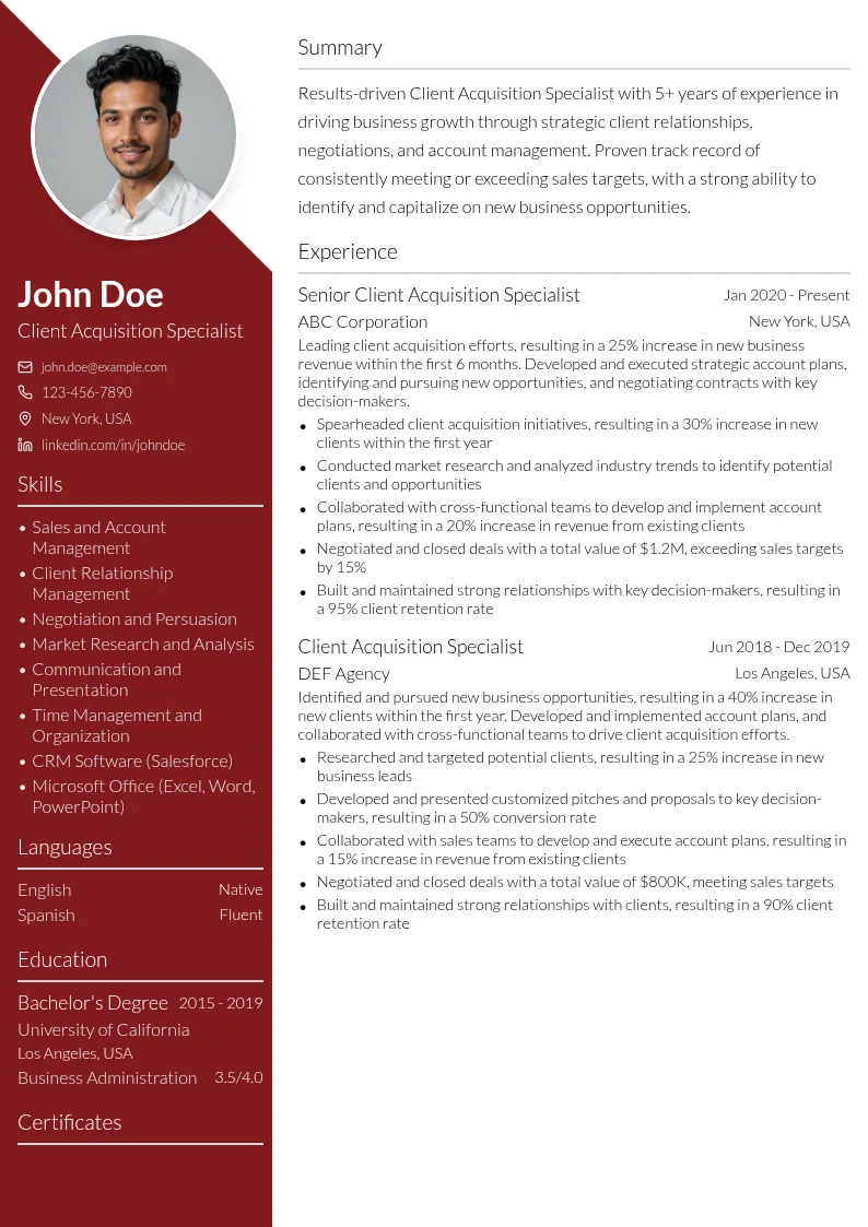 Client Acquisition Specialist resume example