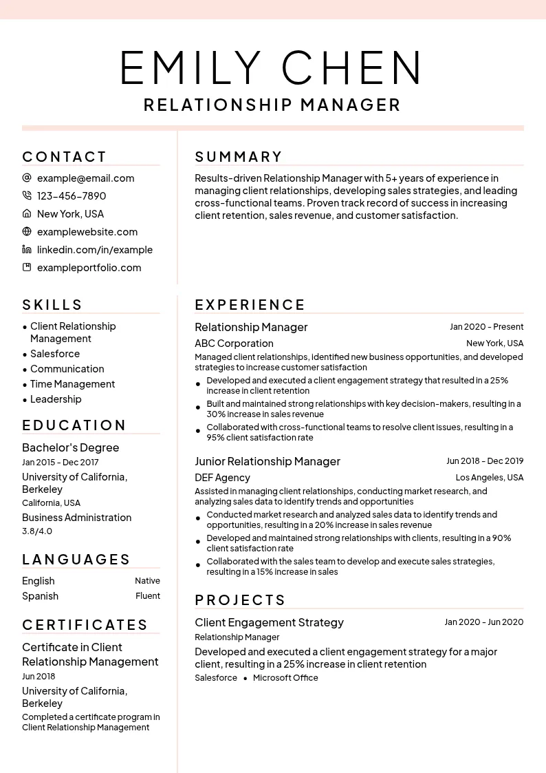 Relationship Manager resume example