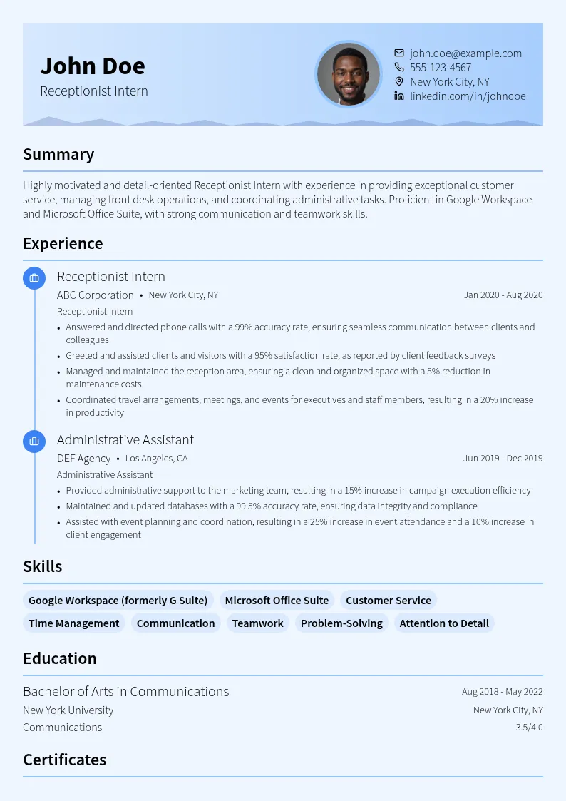 Receptionist Intern resume example