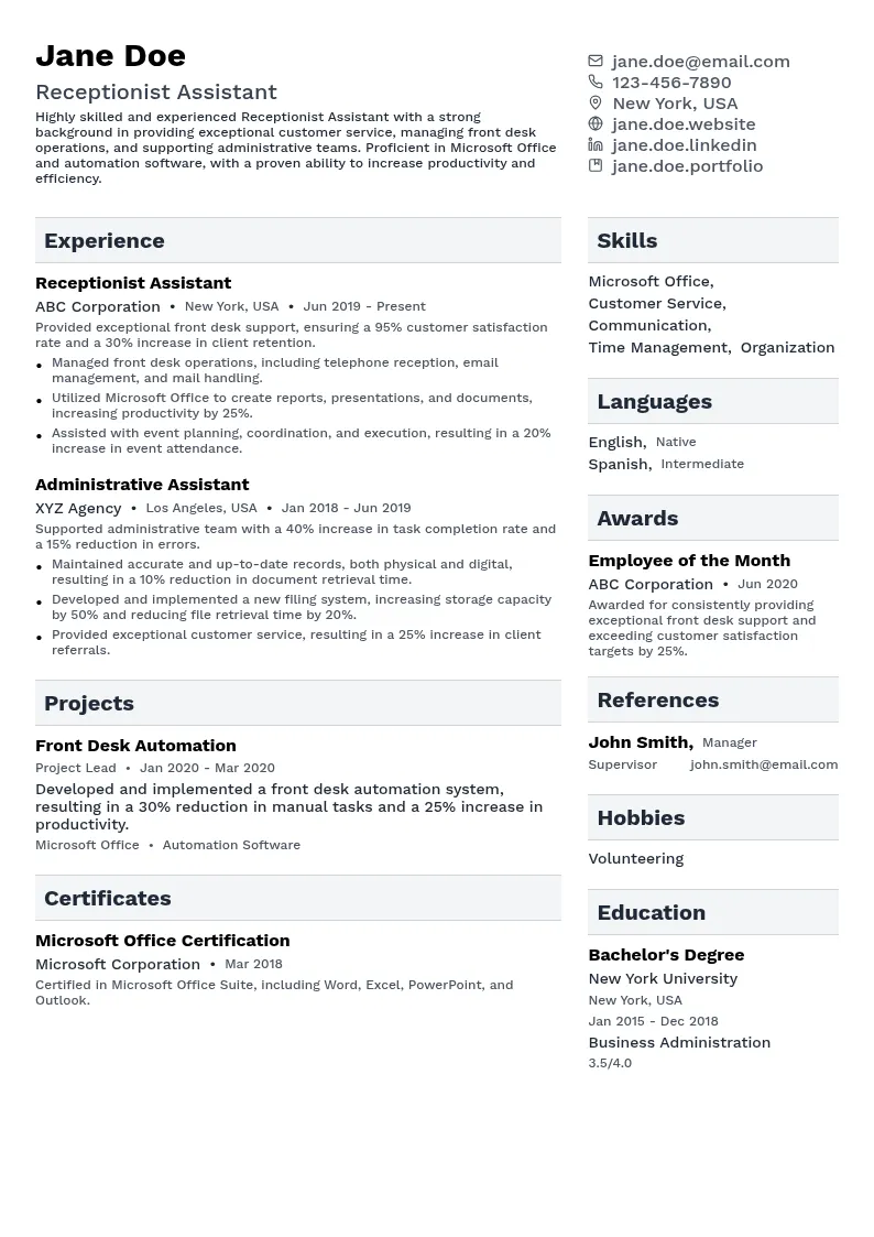 Receptionist Assistant resume example