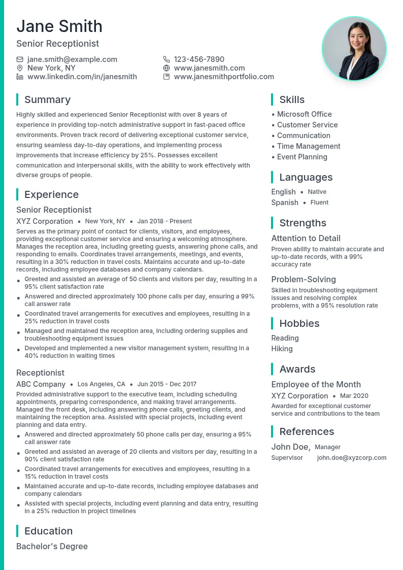 Senior Receptionist resume example