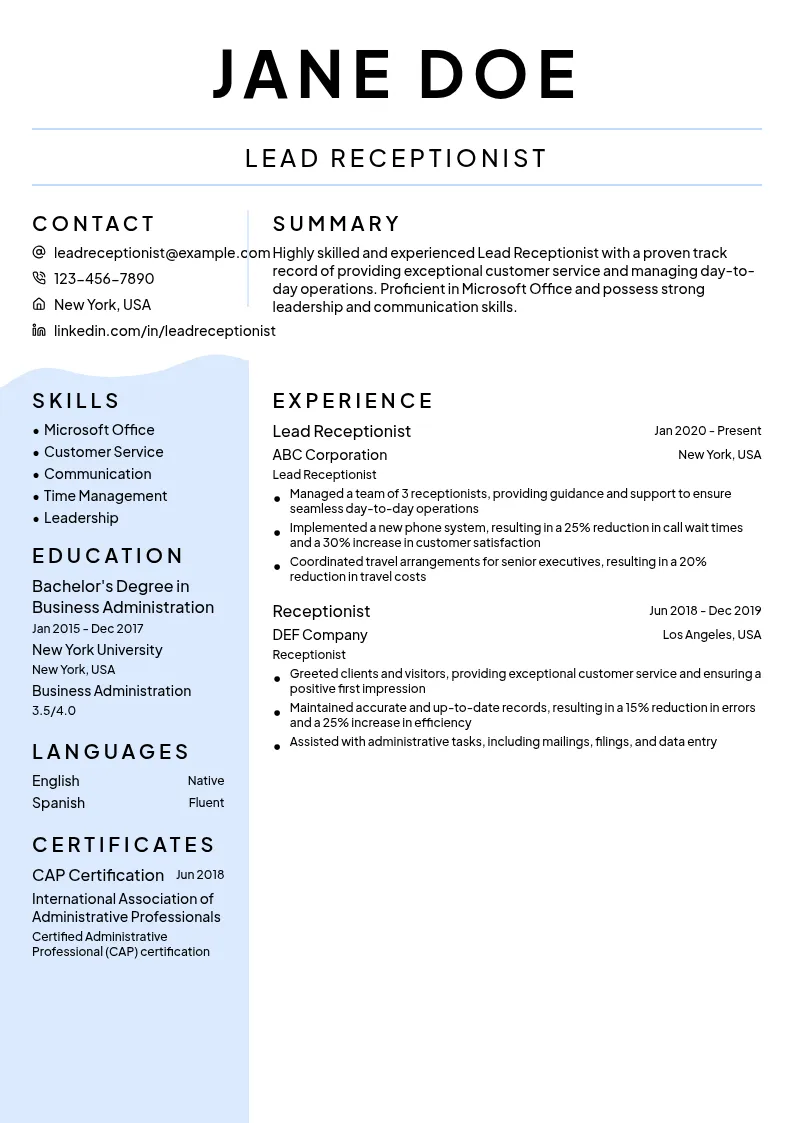 Lead Receptionist resume example