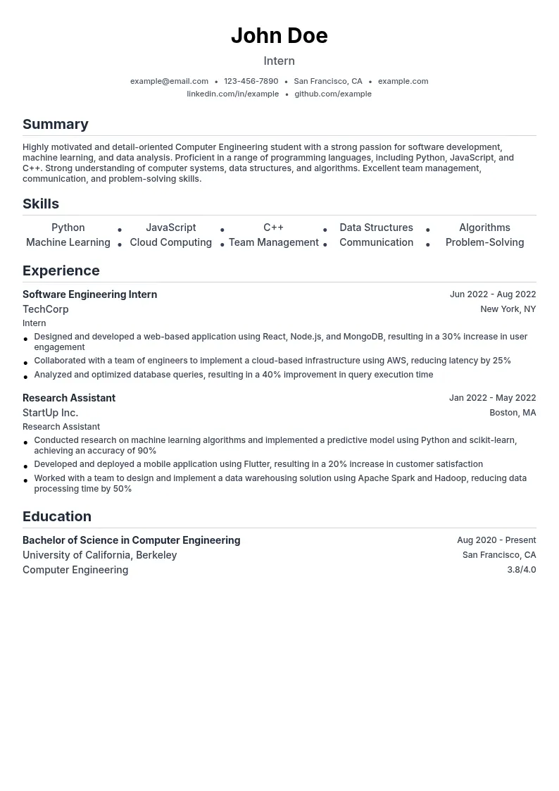 Intern resume example
