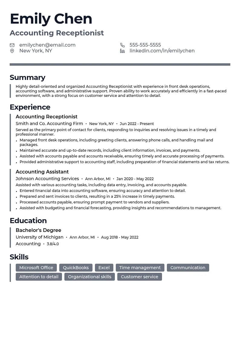 Accounting Receptionist resume example