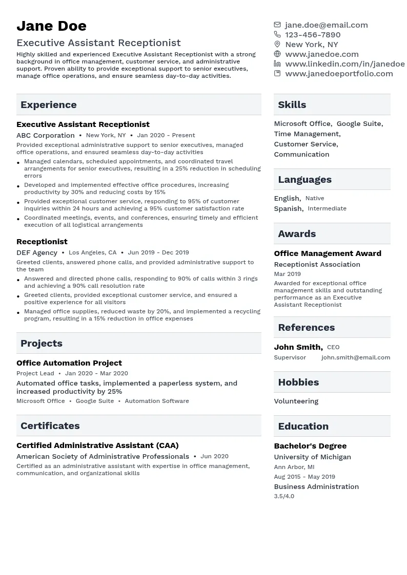 Executive Assistant Receptionist resume example