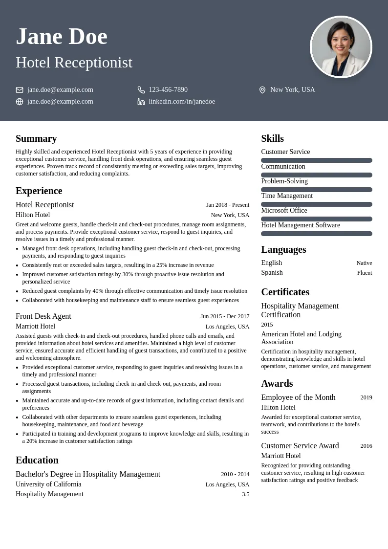 Hotel Receptionist resume example