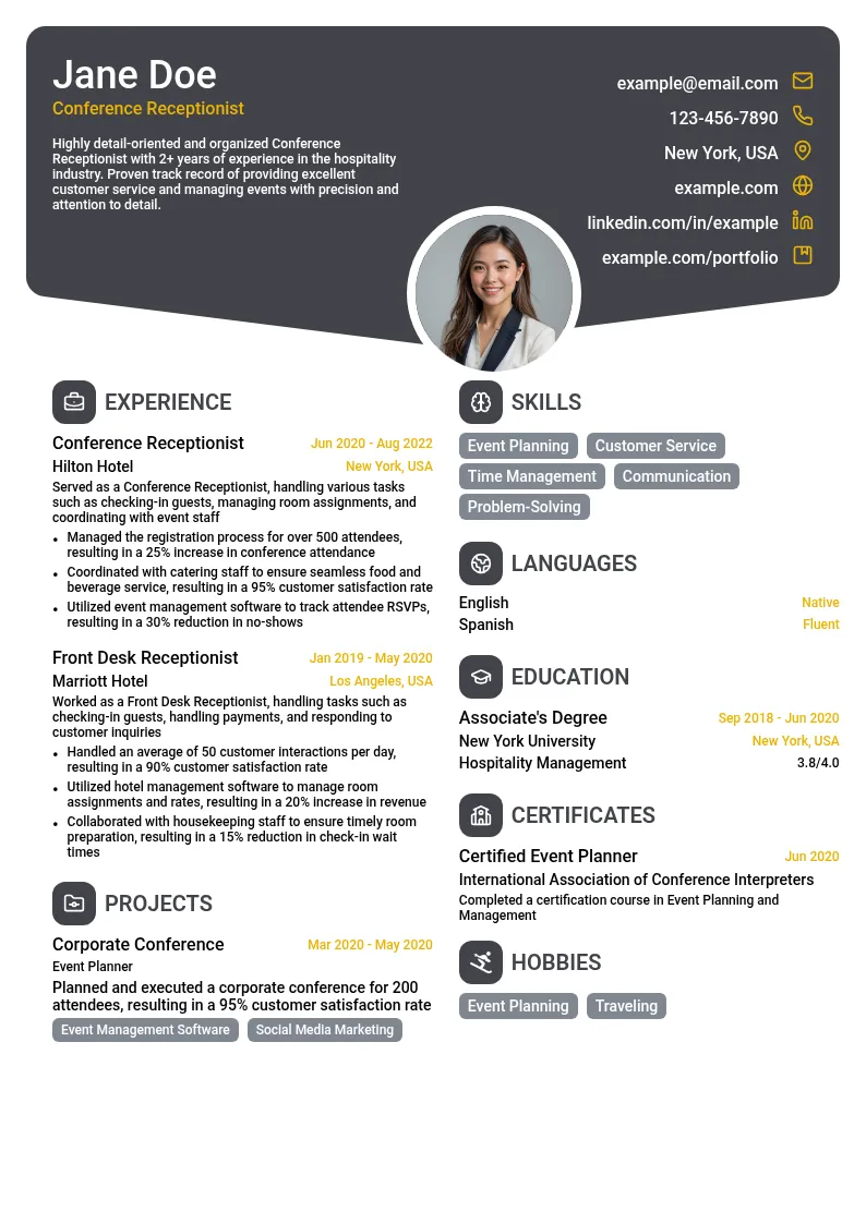 Conference Receptionist resume example