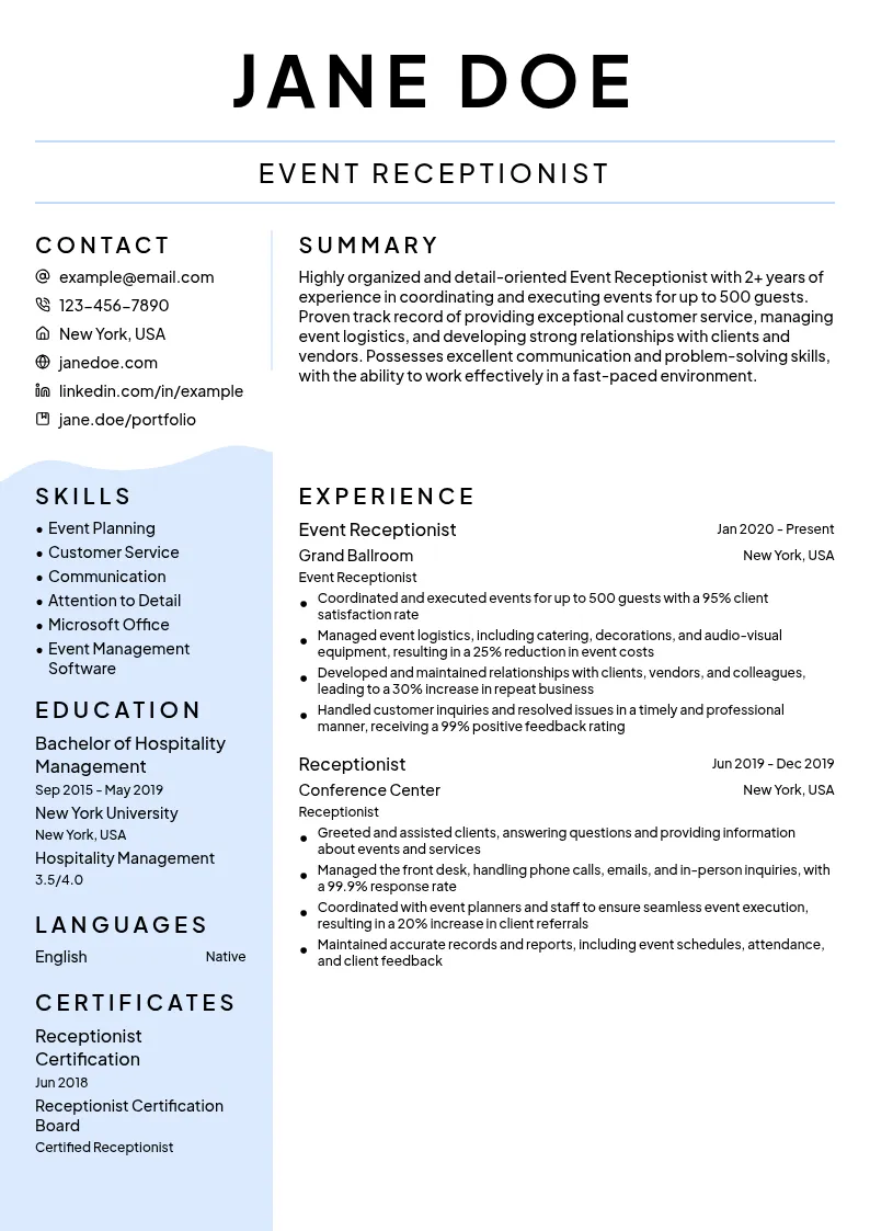 Event Receptionist resume example