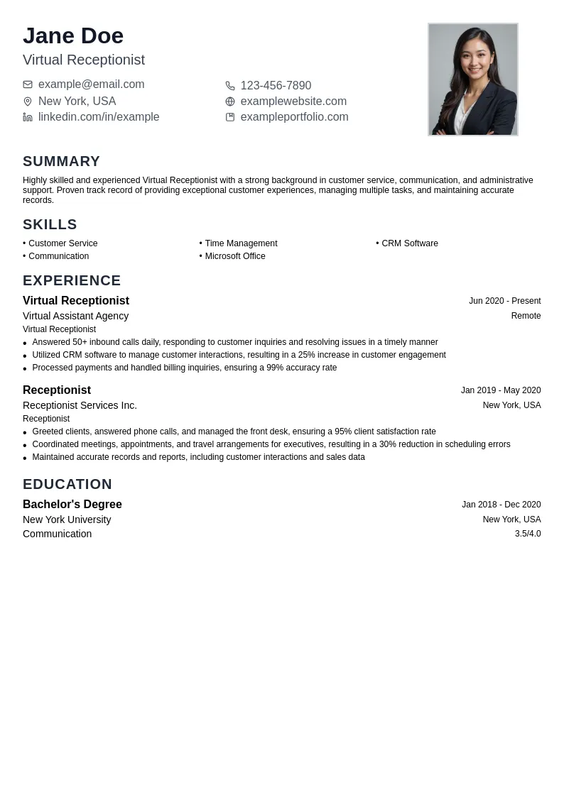 Virtual Receptionist resume example