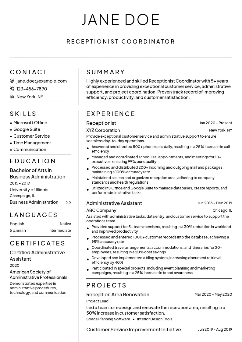 Receptionist Coordinator resume example