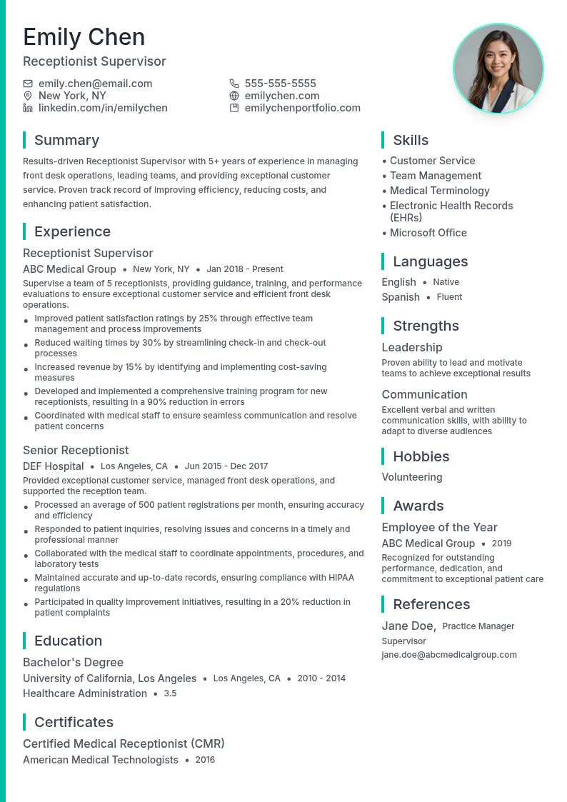 Receptionist Supervisor resume example