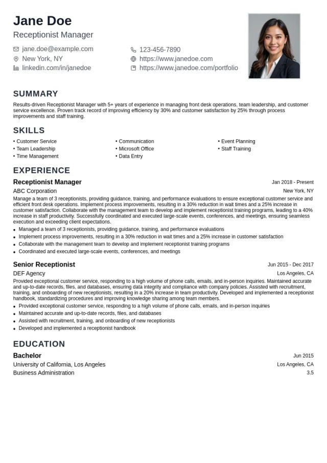 Receptionist Manager resume example