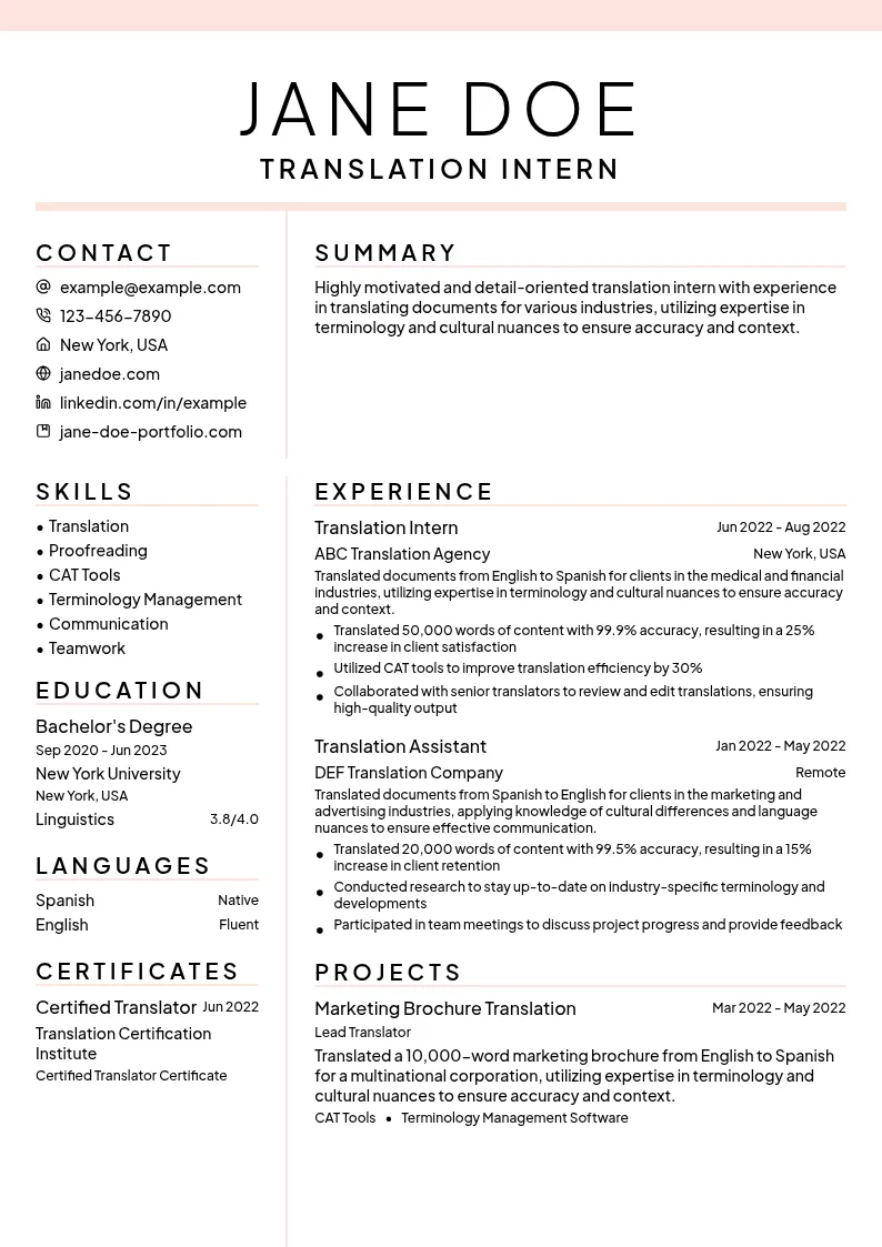 Translation Intern resume example