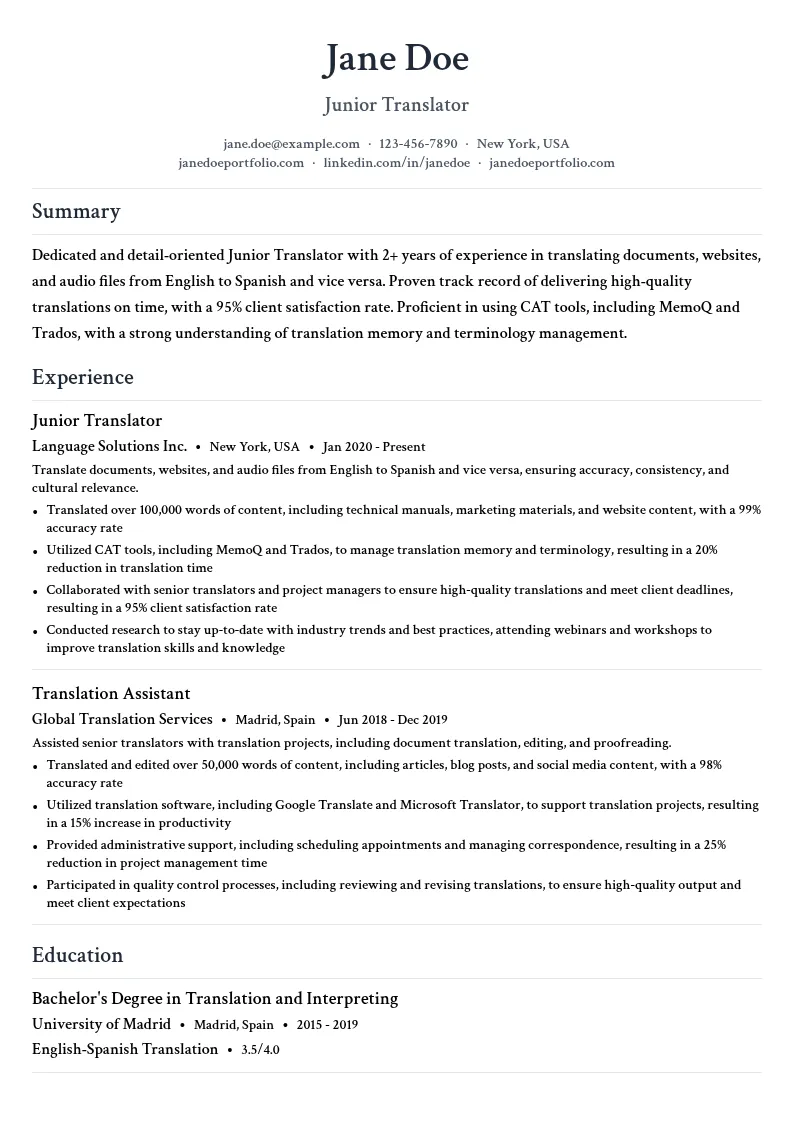 Junior Translator resume example