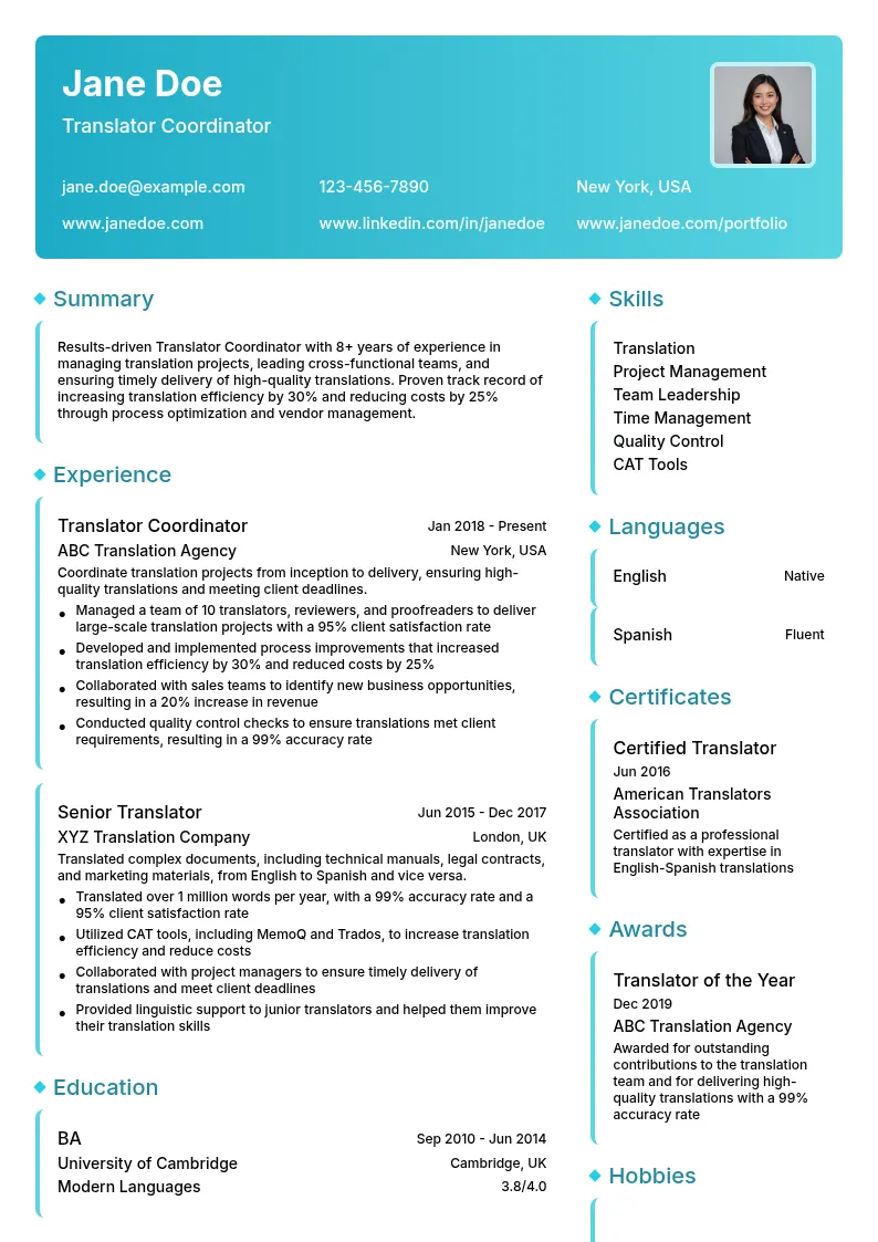 Translator Coordinator resume example